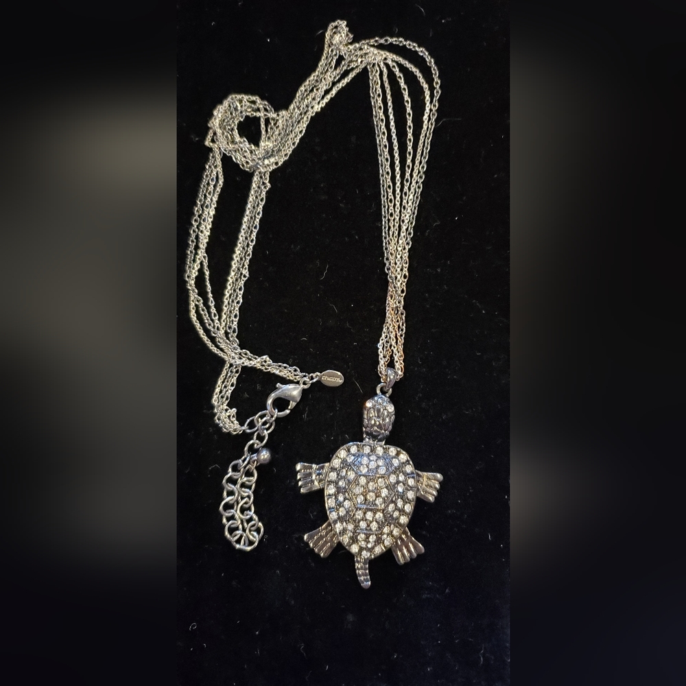 Signed Chico's Gunmetal Grey Articulated Rhinestone Turtle Necklace